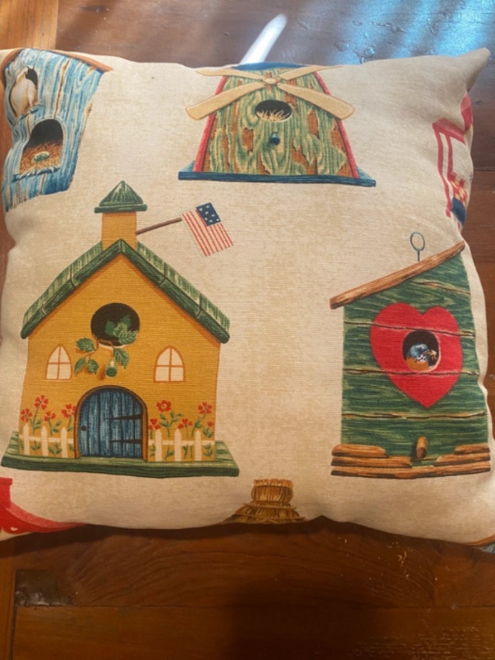 Cream Birdhouse Accent Pillow with Multicolor Birdhouse Motif